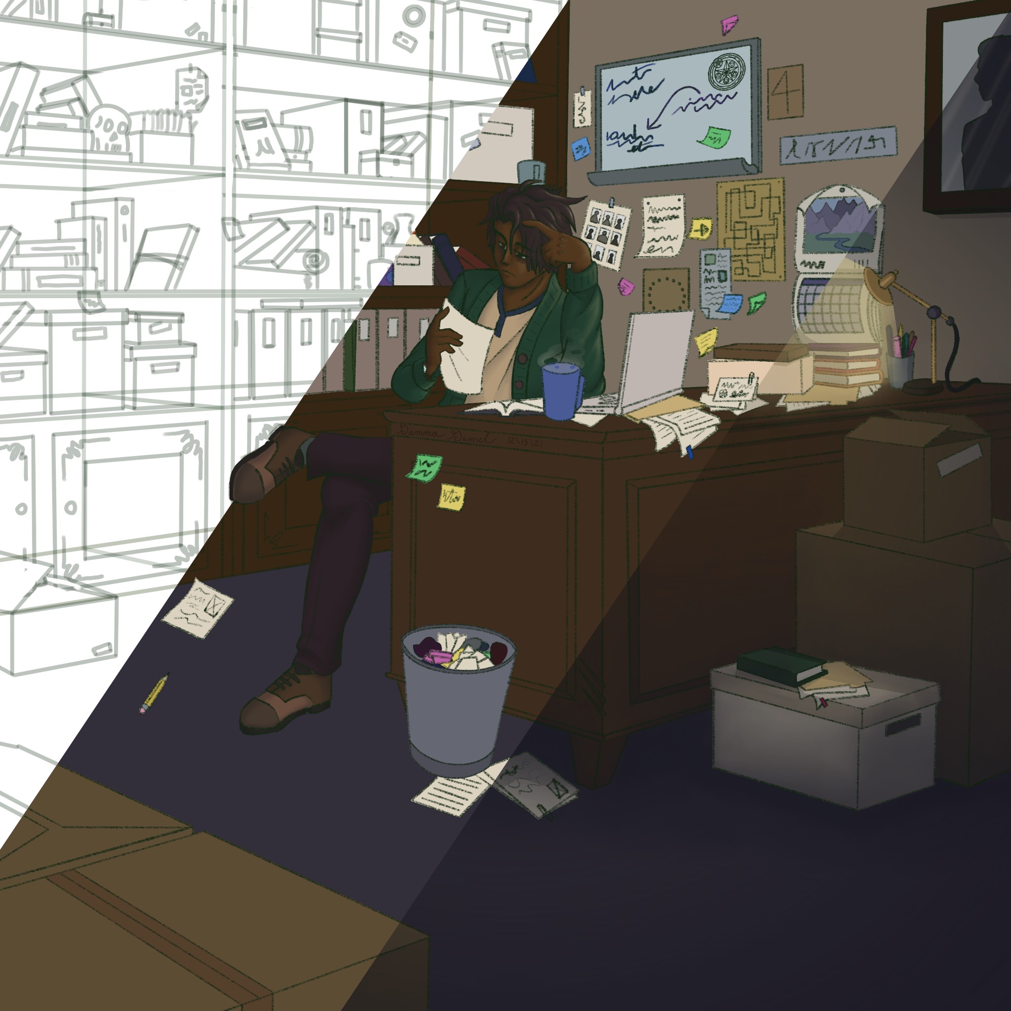 An image of a man in a dark office devided into 3 drawing progression section