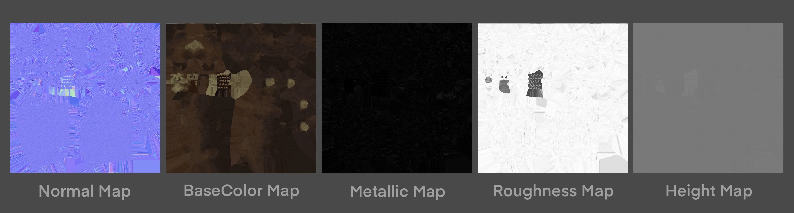 Texture Maps for the Chocolate Black Bear. Left to right: Normal, BaseColor, Metalic, Roughness, Height