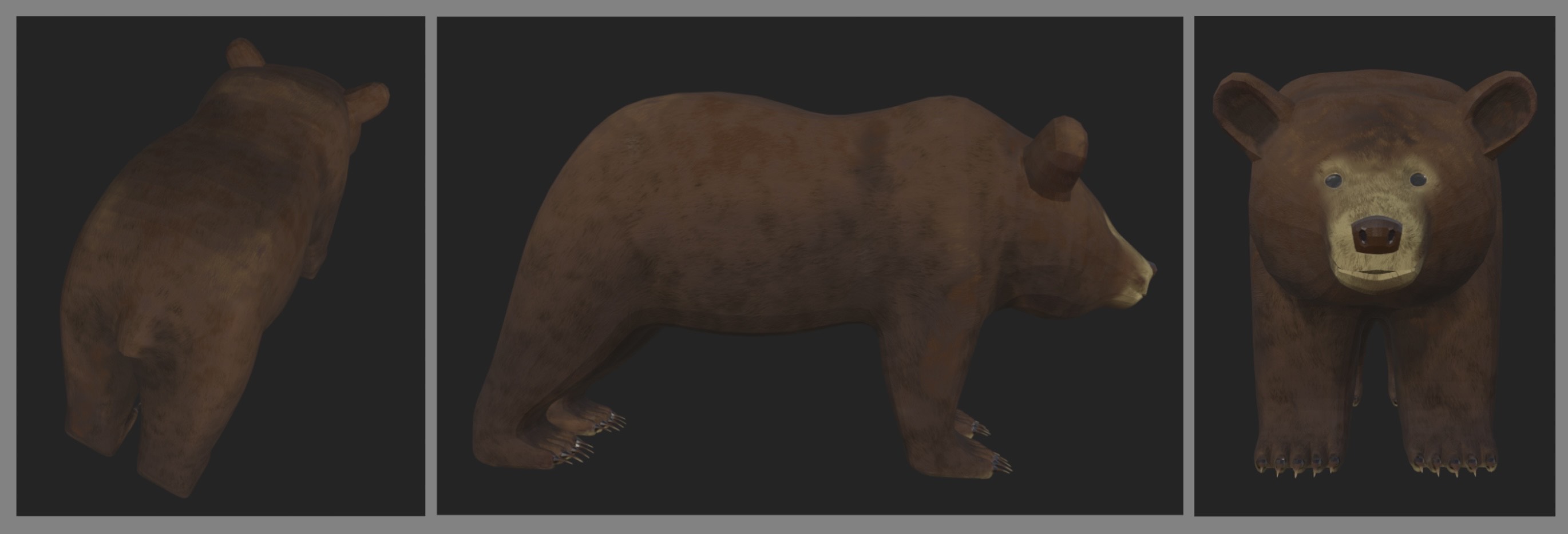 The full body of the textured bear from three difrent angle, back, side, front