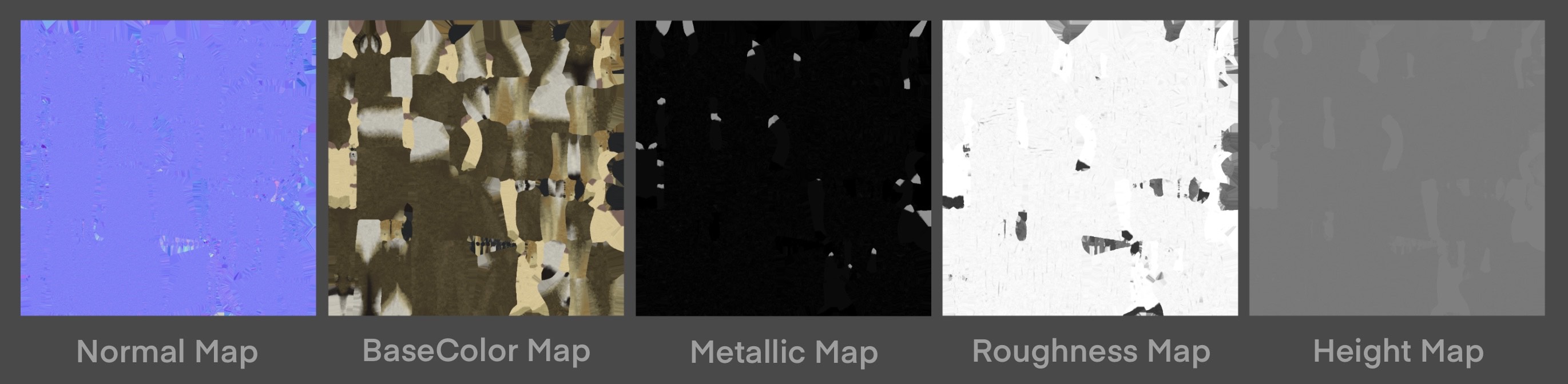 Textures maps for the Mule Deer. Left to right: Normal, BaseColor, Metalic, Roughness, Height