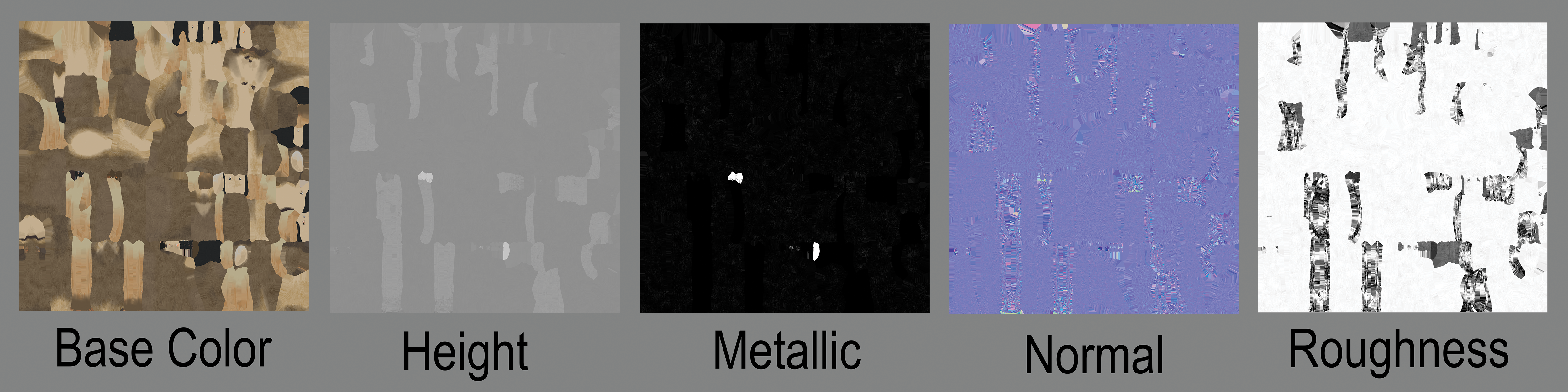 Textures maps for the Mule Deer. Left to right: Normal, BaseColor, Metalic, Roughness, Height