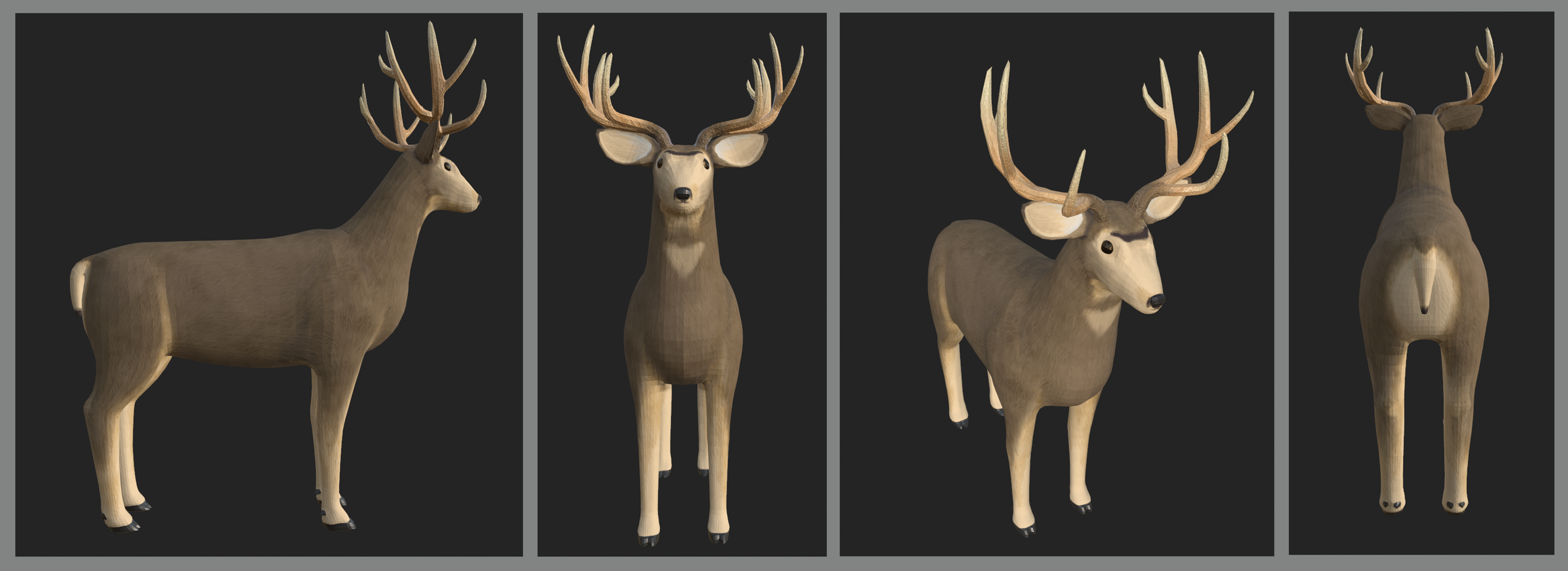 The full body of the textured deer from three difrent angles
