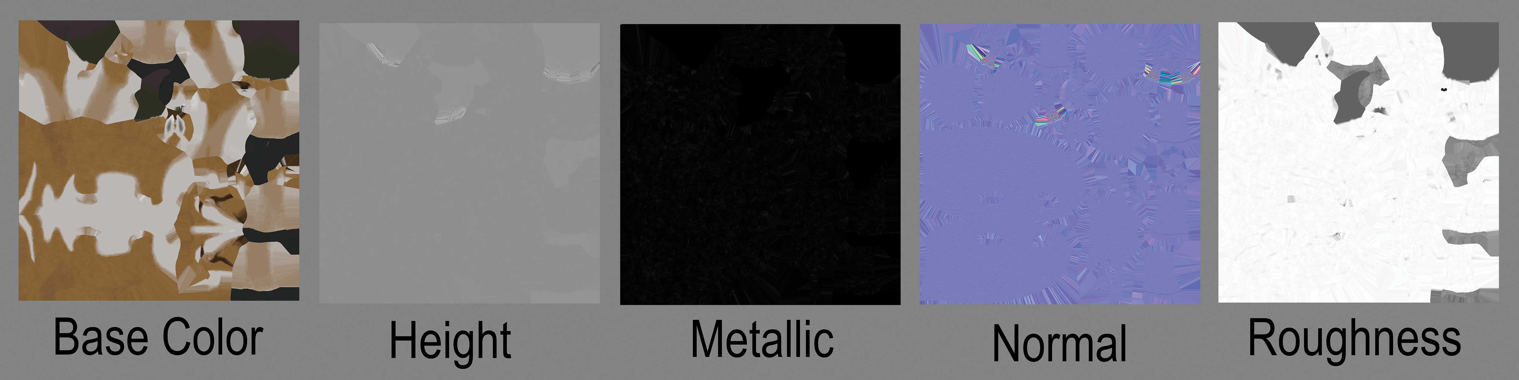 Texture Maps for the Pronghorn. Left to right: Normal, BaseColor, Metalic, Roughness, Height