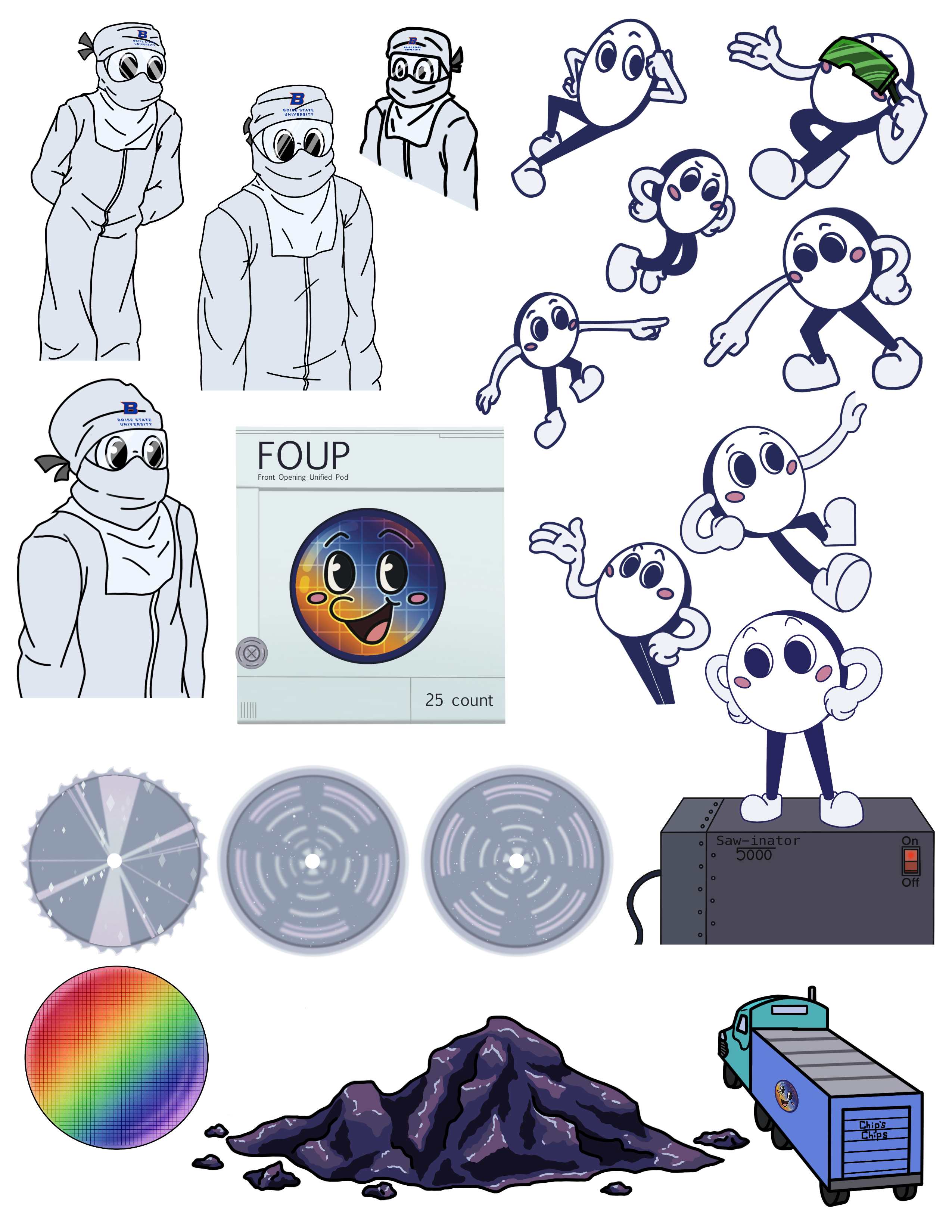 A collection of some of the assets used in Microchip Maker's, including Newbie, Sam, saw blades, the foup, silicon sand, the truck, and a wafer containing chips.
