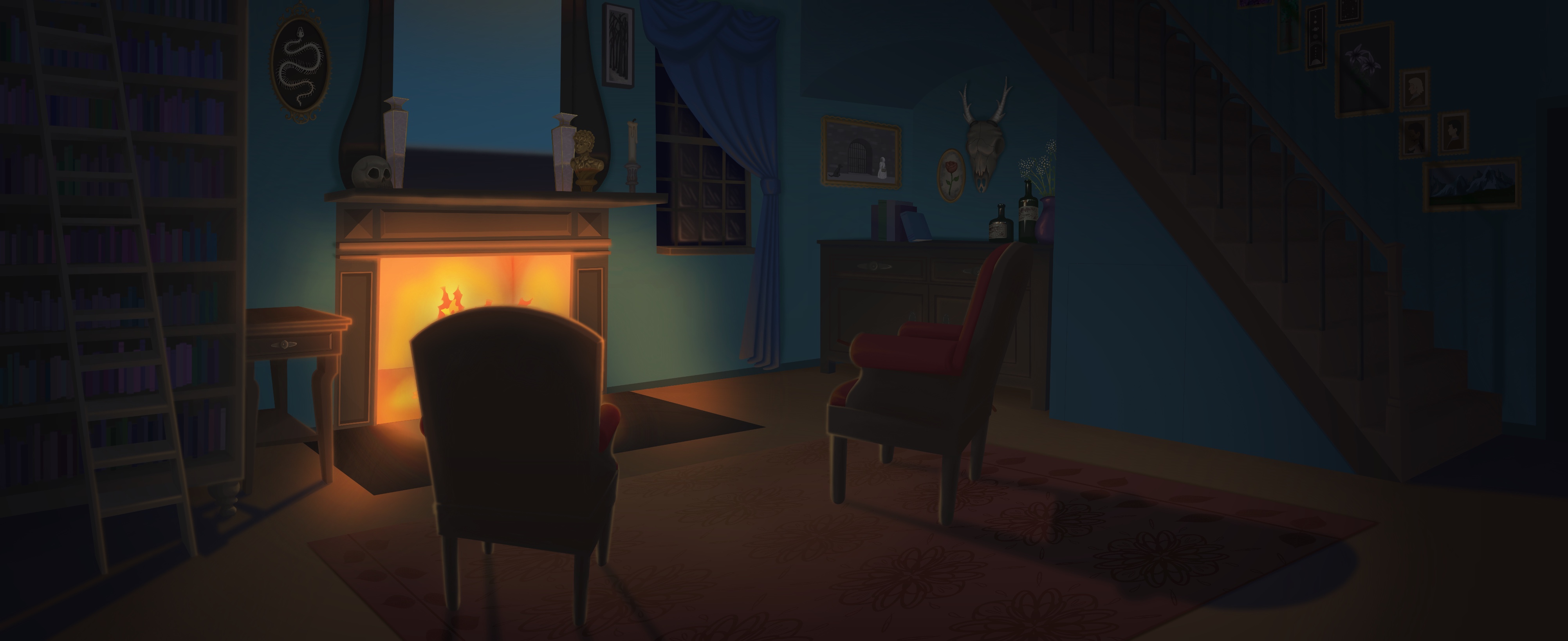 MysteriousEvening, a dark livingroom light by a fire place, two chairs, a book shelf and a staircase going up.