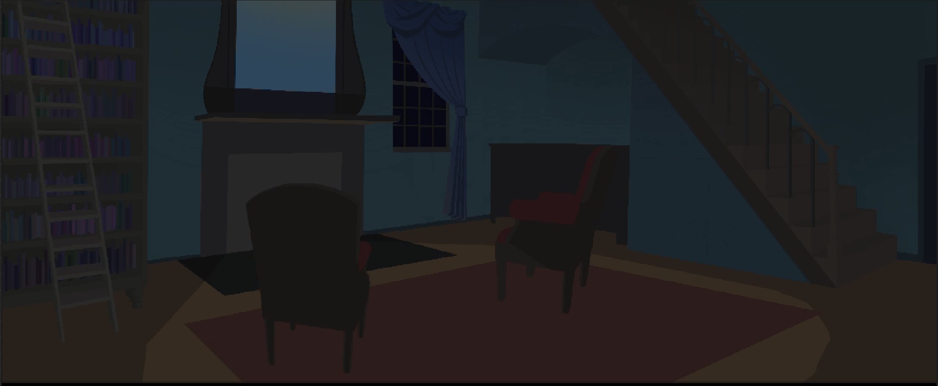 MysteriousEvening, a dark livingroom light by a fire place, two chairs, a book shelf and a staircase going up. Made of flat colors (lack of shading)