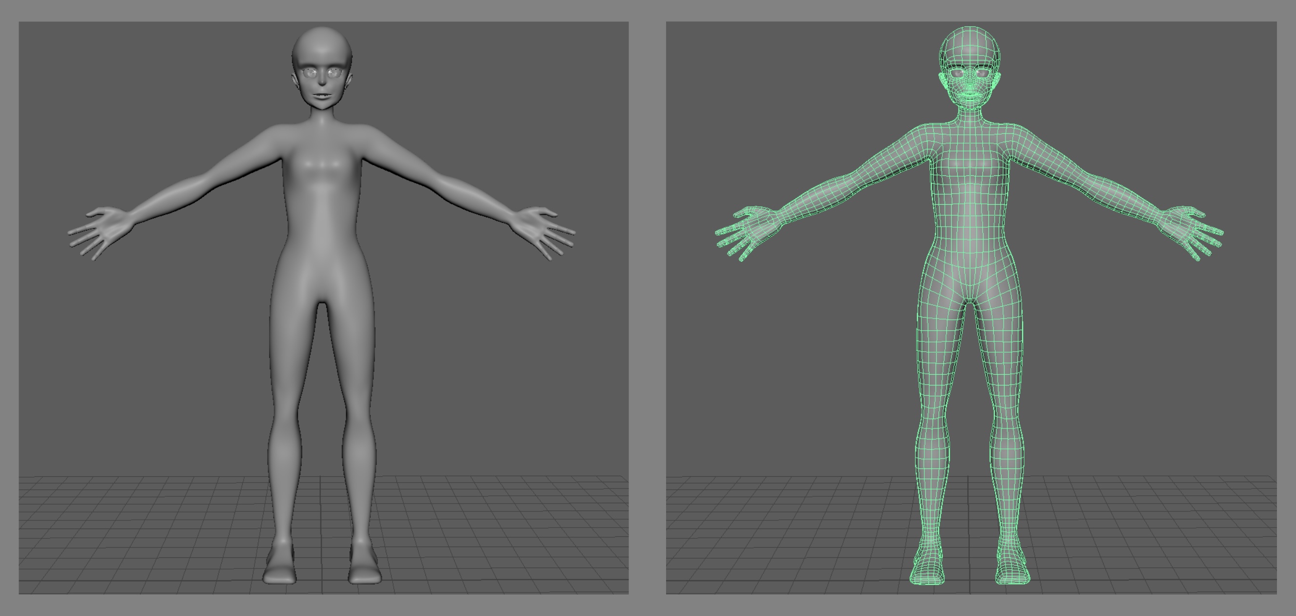 Full body images of model Uta, left with base material, right showing typology