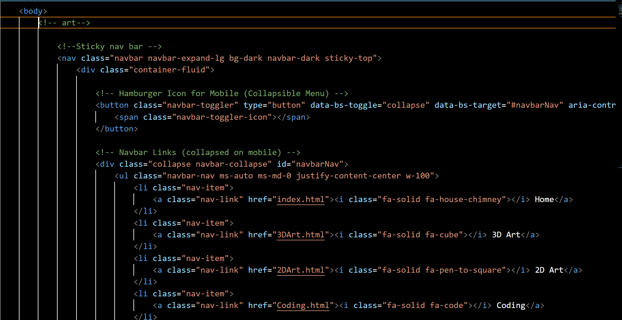 A segment of code showing the how the Navigation Bar is set up